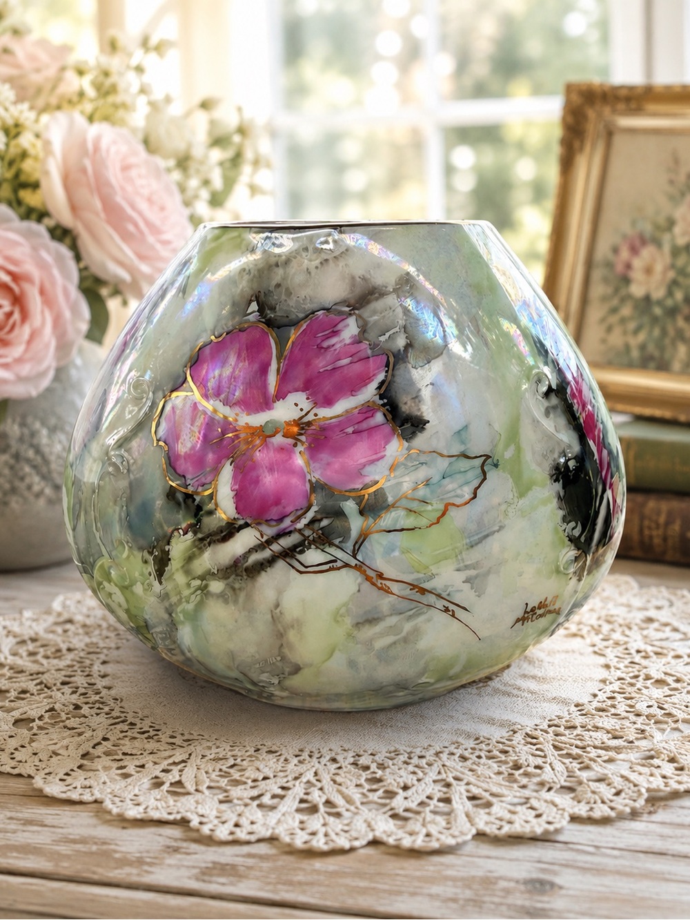 RS Germany Porcelain Hand Painted Flowers Vase- signed